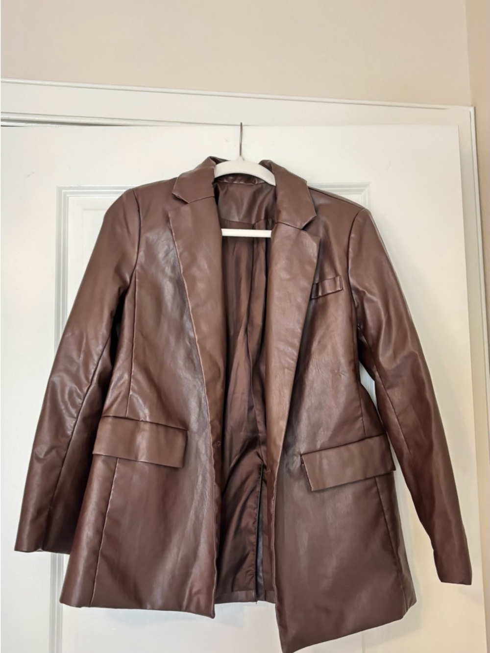 Women's Brown Faux Leather Blazer Jacket